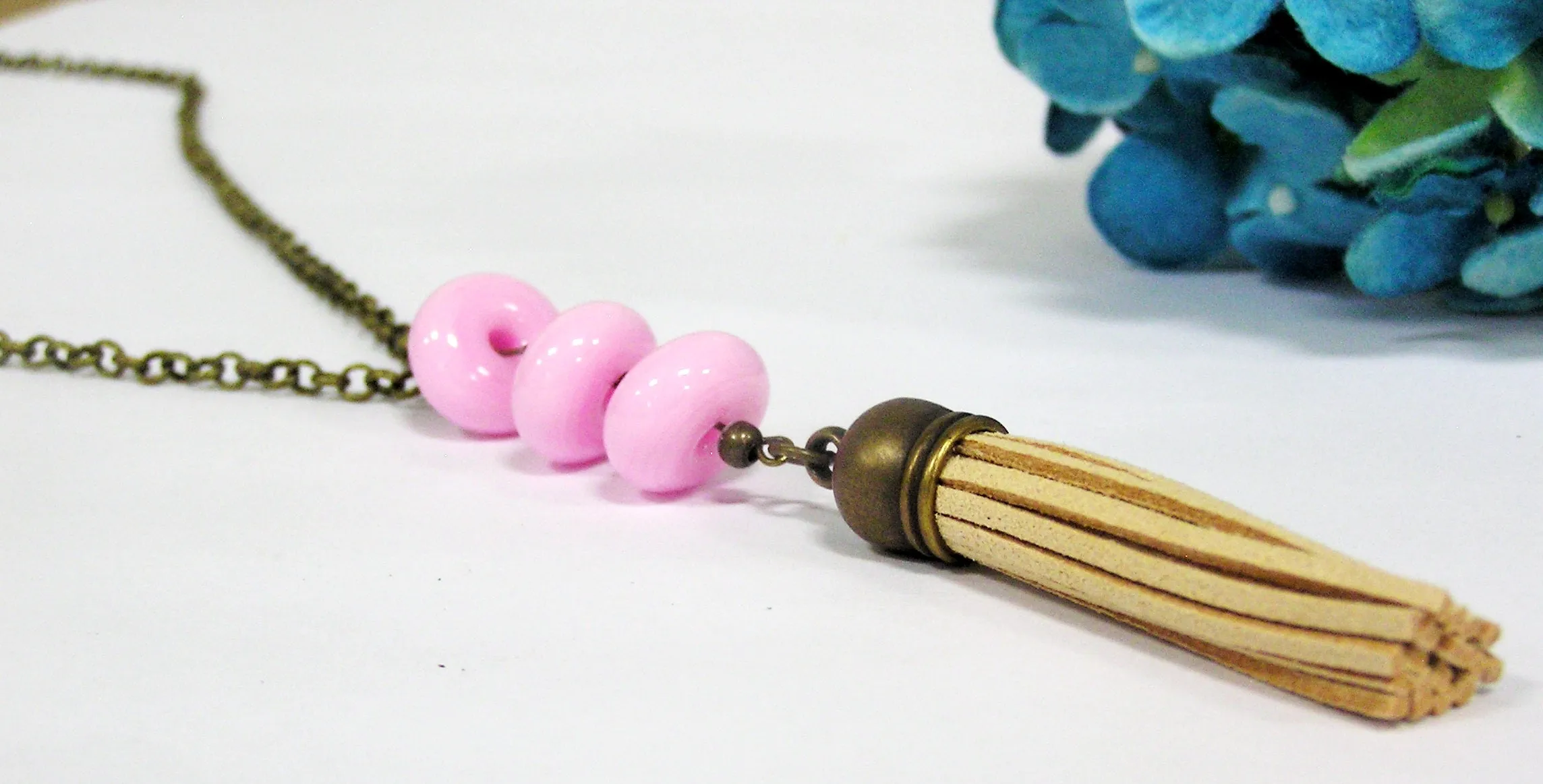Pink Beaded Beige Tassel Necklace