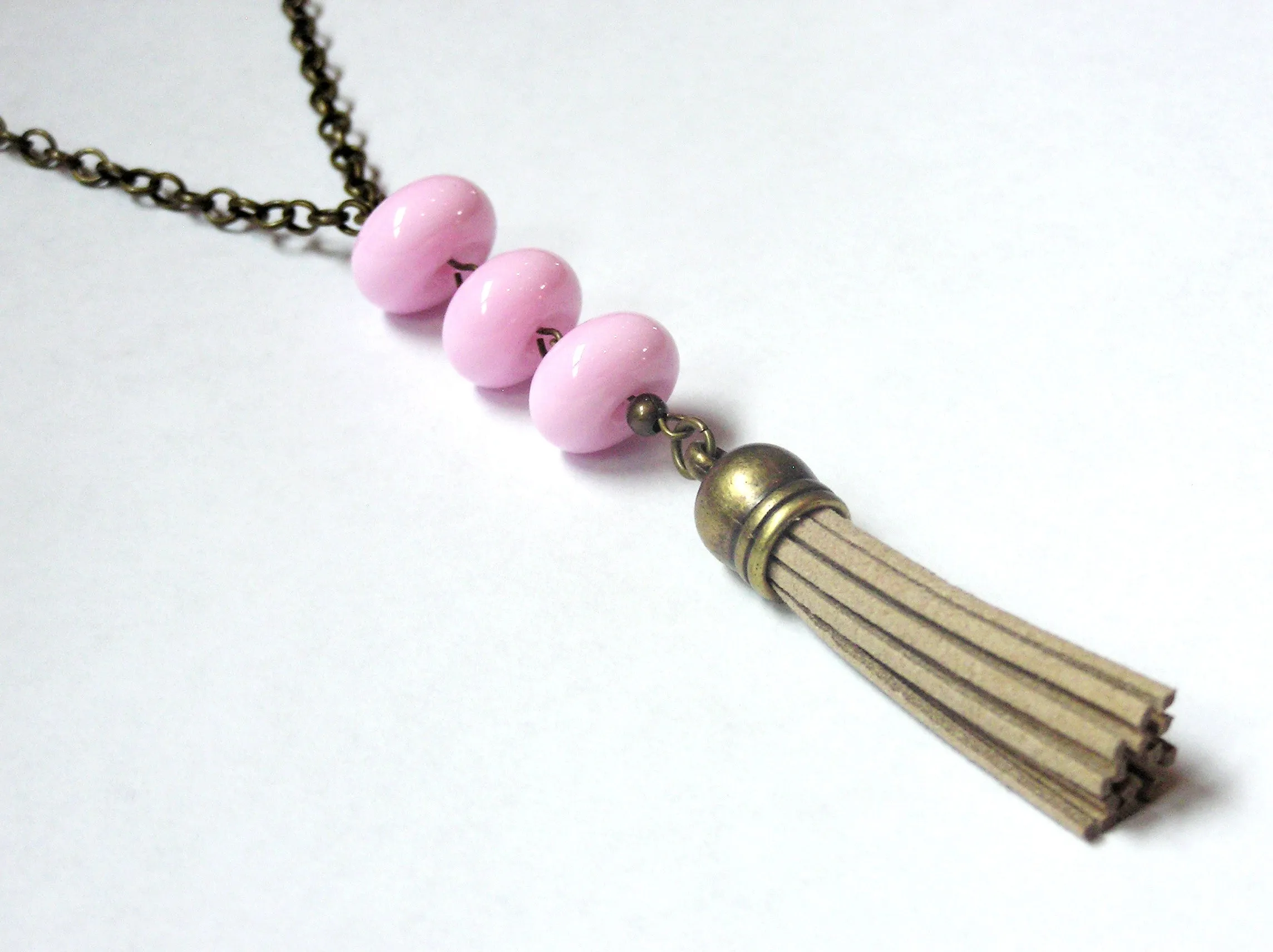 Pink Beaded Beige Tassel Necklace