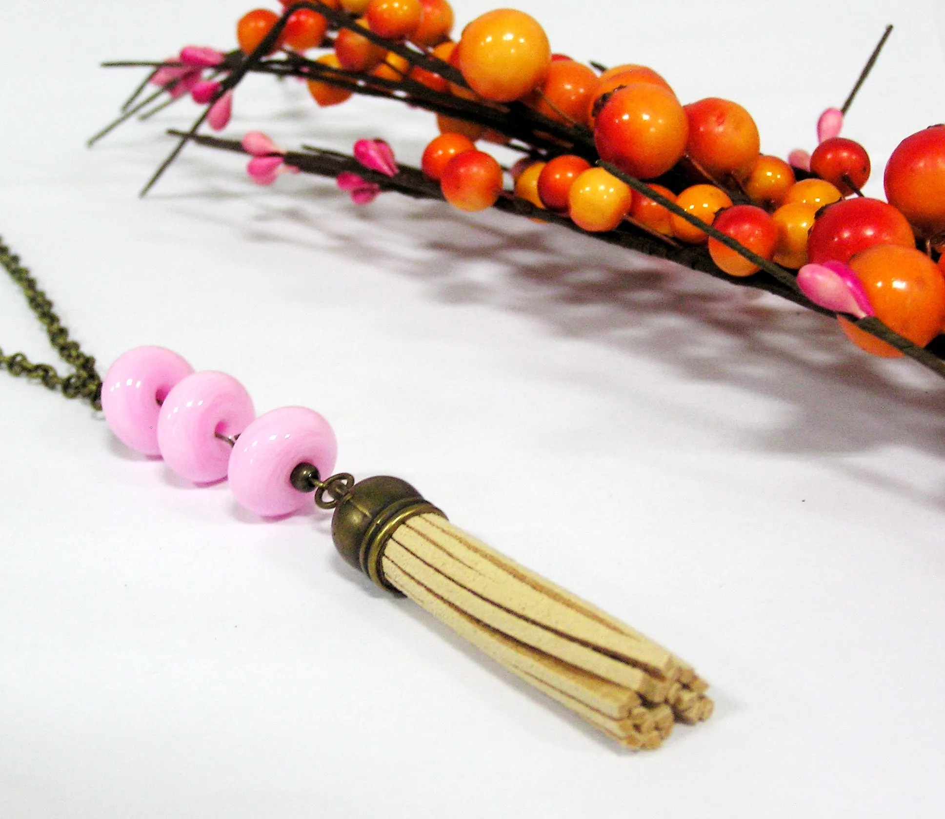 Pink Beaded Beige Tassel Necklace
