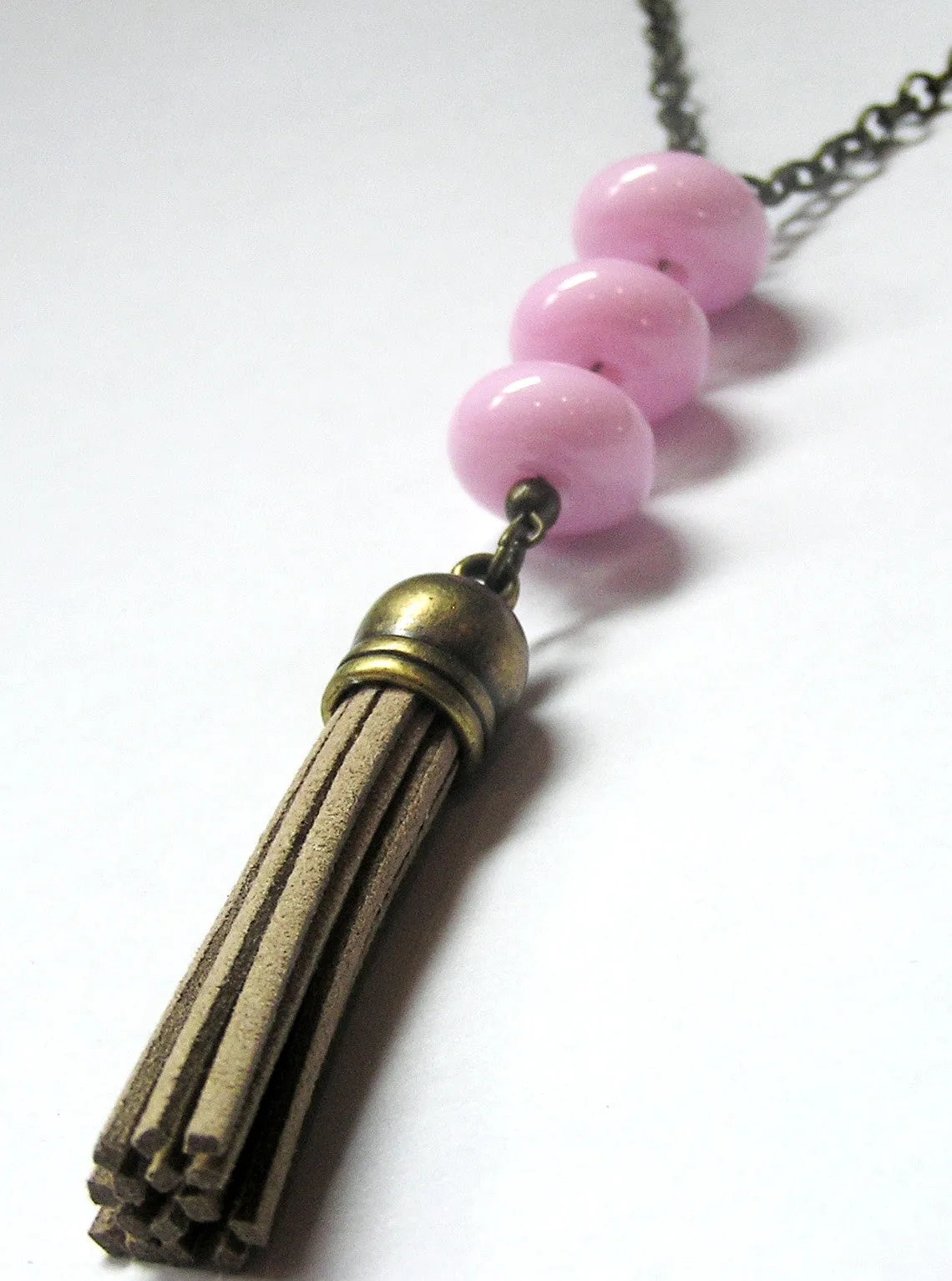 Pink Beaded Beige Tassel Necklace