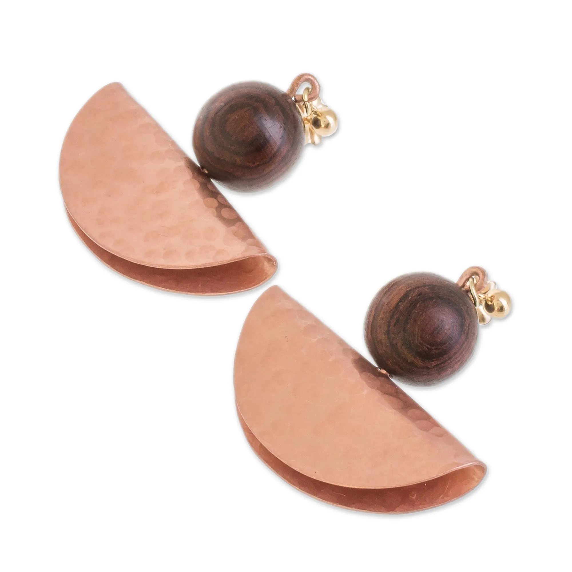 Playful Textures in Copper Handcrafted Hammered Copper and Wood Bead Dangle Earrings
