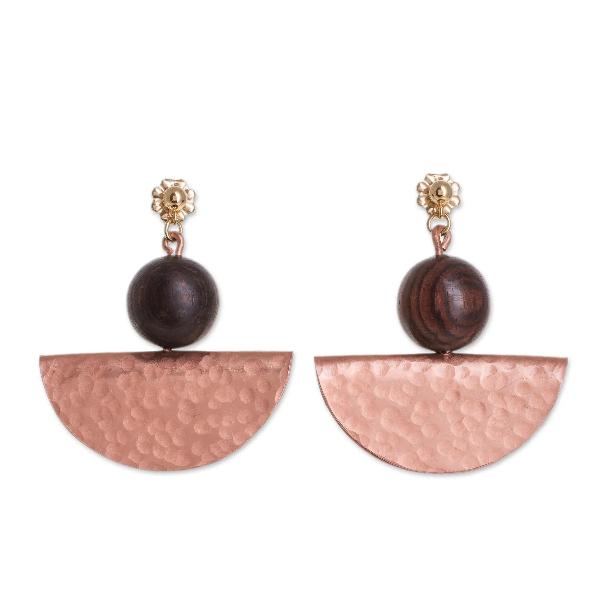 Playful Textures in Copper Handcrafted Hammered Copper and Wood Bead Dangle Earrings