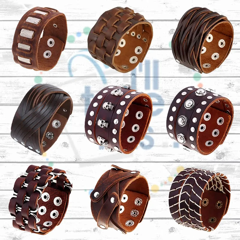 Punk/Vintage Style Wristband all made with Genuine Leather -  Braided, Wraps, Studs, Skulls   more