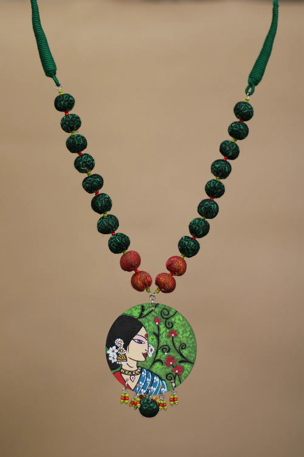 Rangili | Chindi beads necklace | Green Handpainted Pendant
