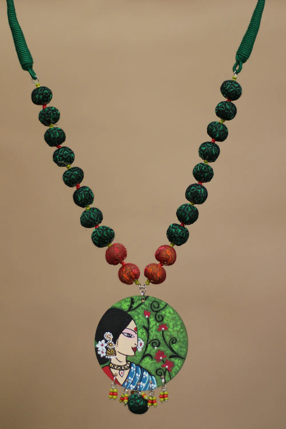 Rangili | Chindi beads necklace | Green Handpainted Pendant