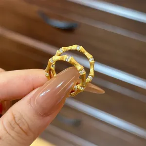 [Retro Luxe] 18K Gold Bamboo Ring - Brushed Bamboo Style with Diamond Accents, Ideal for Weddings and Anniversaries, Perfect for Men and Women