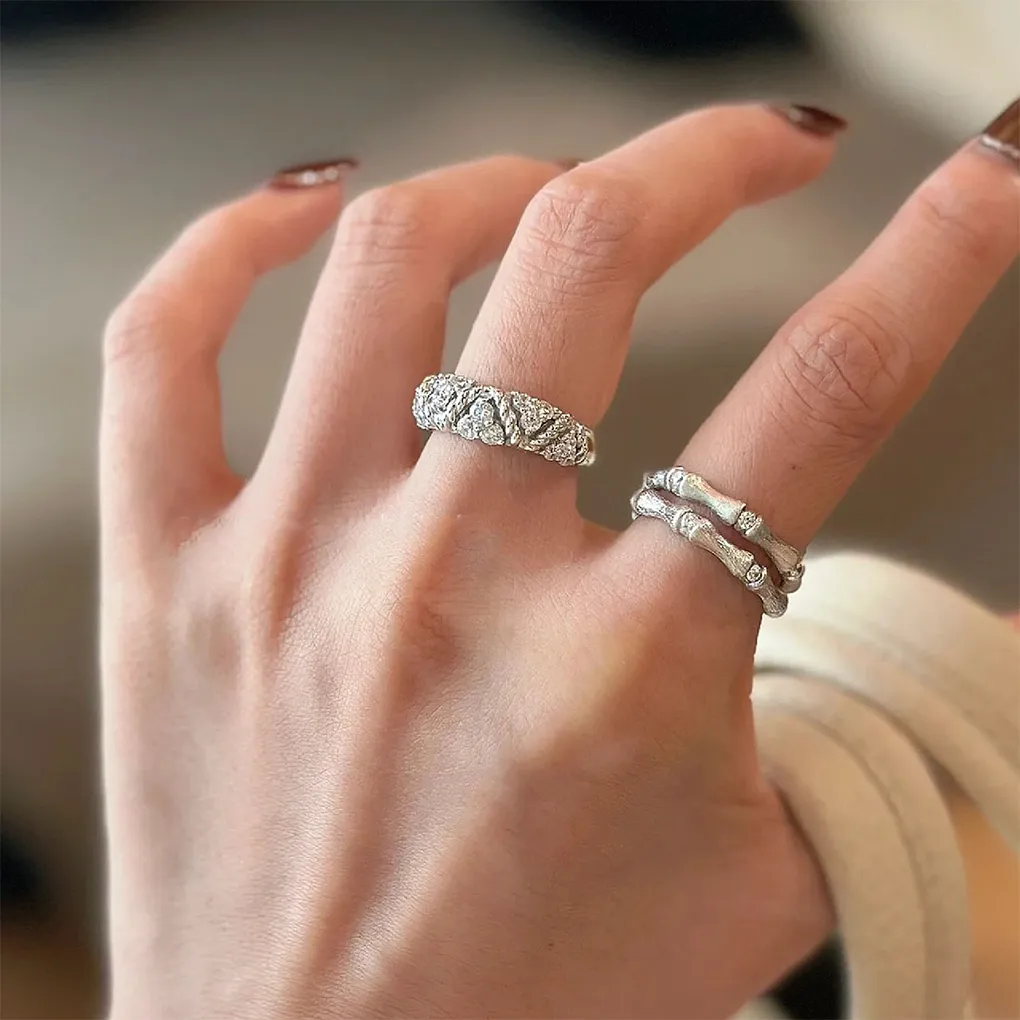 [Retro Luxe] 18K Gold Bamboo Ring - Brushed Bamboo Style with Diamond Accents, Ideal for Weddings and Anniversaries, Perfect for Men and Women