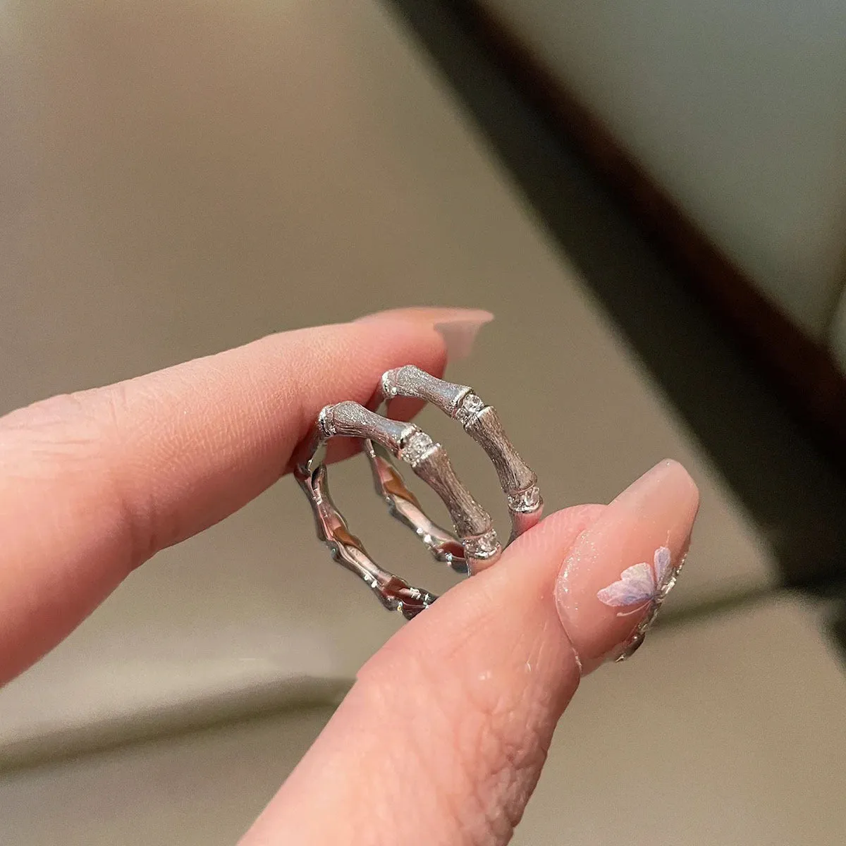 [Retro Luxe] 18K Gold Bamboo Ring - Brushed Bamboo Style with Diamond Accents, Ideal for Weddings and Anniversaries, Perfect for Men and Women