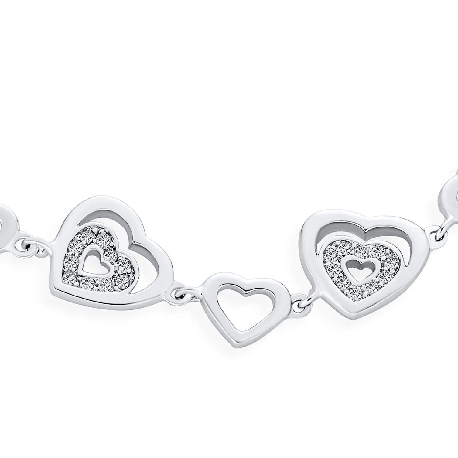 Romantic Bridal Tennis Bracelet with Clear CZ Hearts Silver Plated 7 Inch
