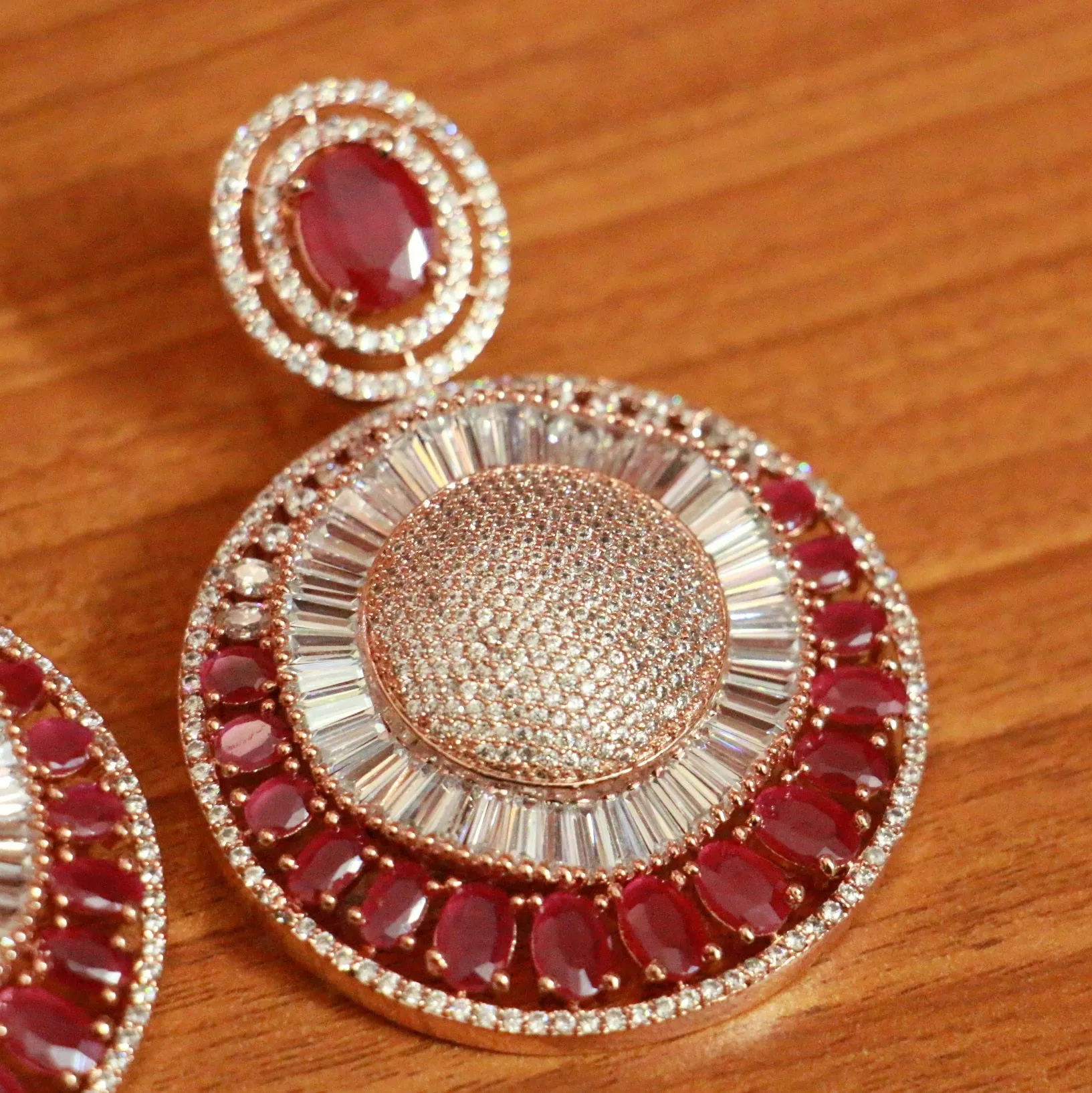 Rose Gold Ruby Diamond Look Danglers