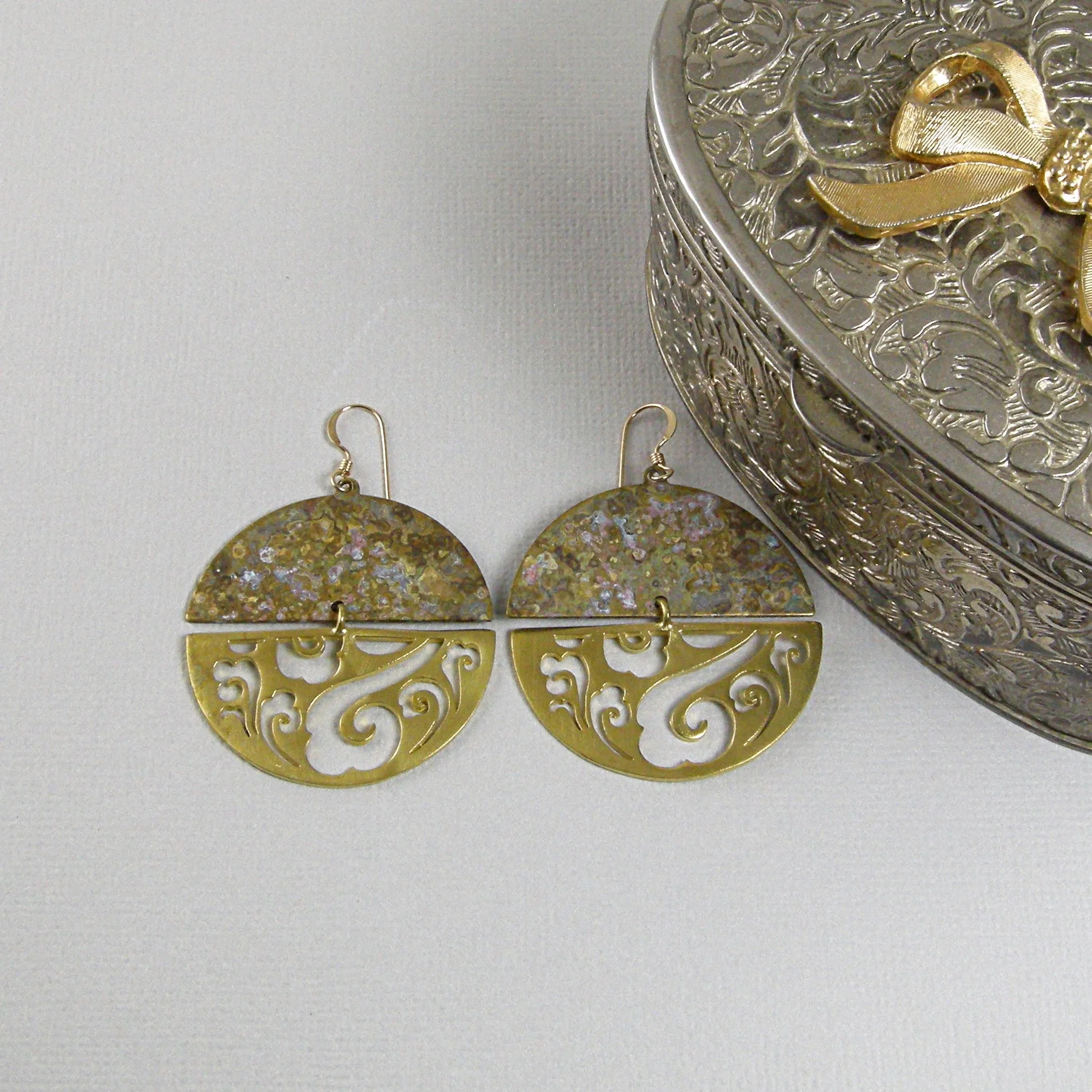 Round Patina Earrings, Patina Gold Earrings, Gold Scroll Earrings