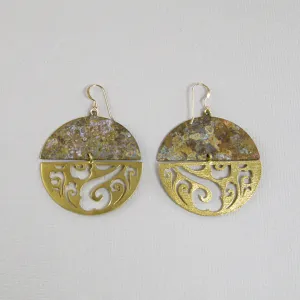 Round Patina Earrings, Patina Gold Earrings, Gold Scroll Earrings