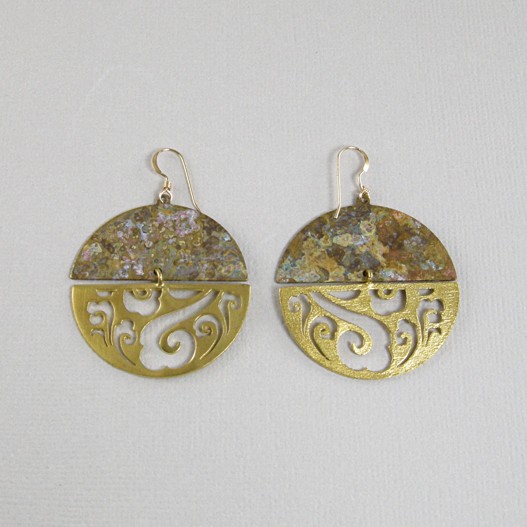 Round Patina Earrings, Patina Gold Earrings, Gold Scroll Earrings