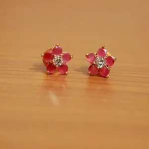 Ruby Diamond Look Gold Plated Flower look Studs