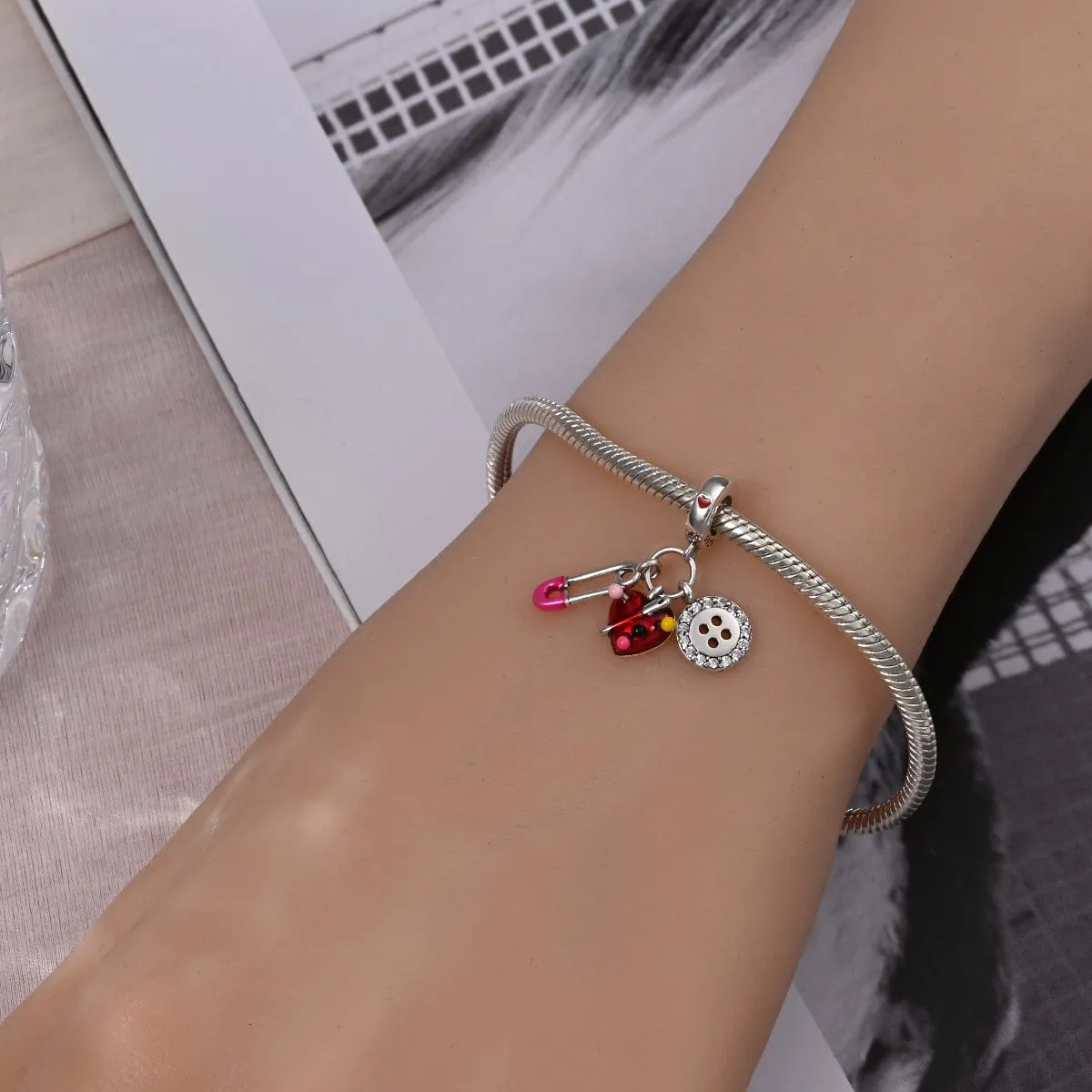 Safety Pin, Heart Pincushion, & Button Sewing Essentials Charm