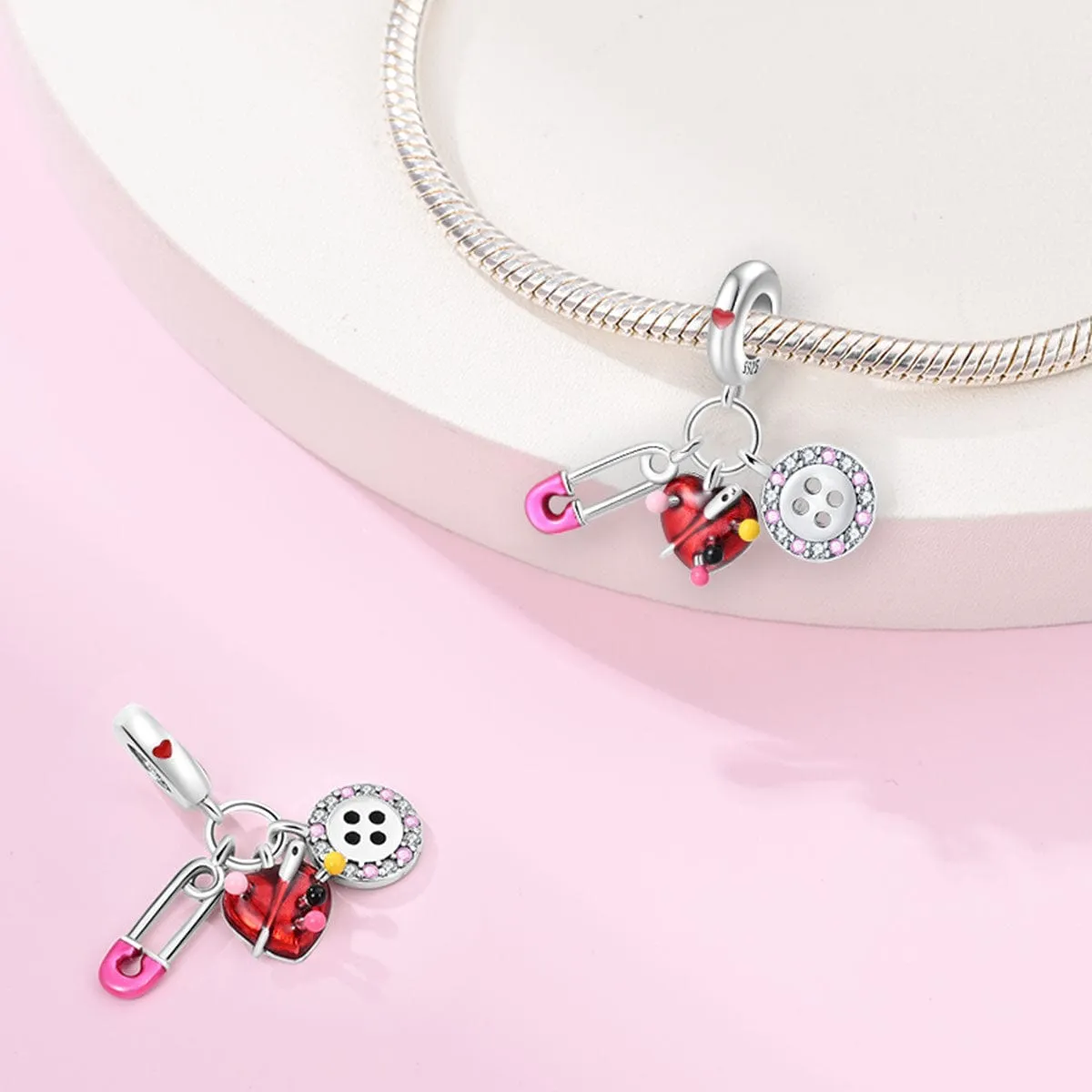 Safety Pin, Heart Pincushion, & Button Sewing Essentials Charm