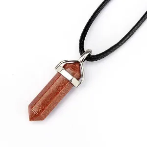 Sand Goldstone Pendulum Pendant Healing Point 40x8mm Silver Leather Cord