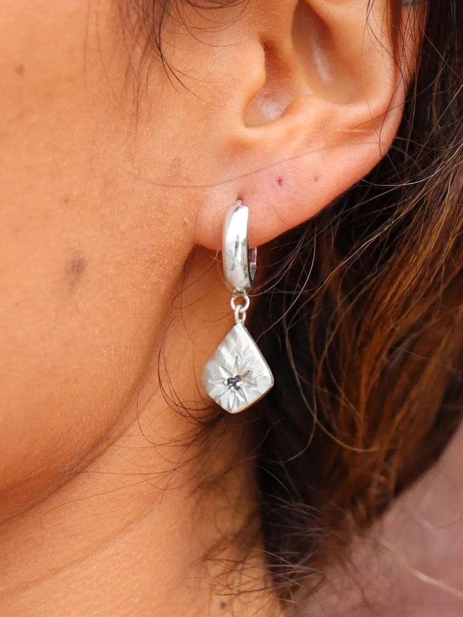 Sapphire Charm Silver Huggies