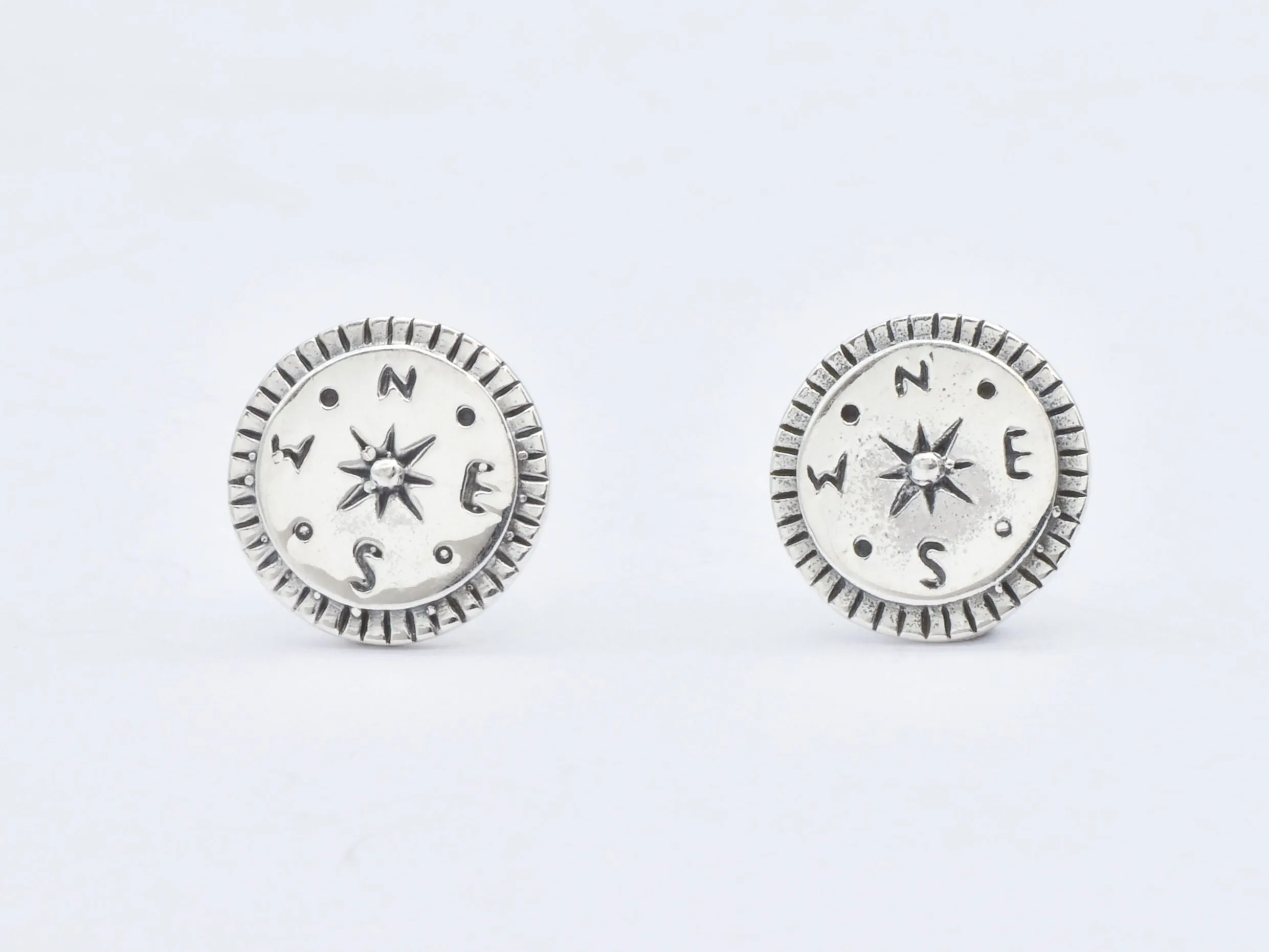 Silver Compass Earrings - NEWS Disc Studs - Round Everyday Earrings