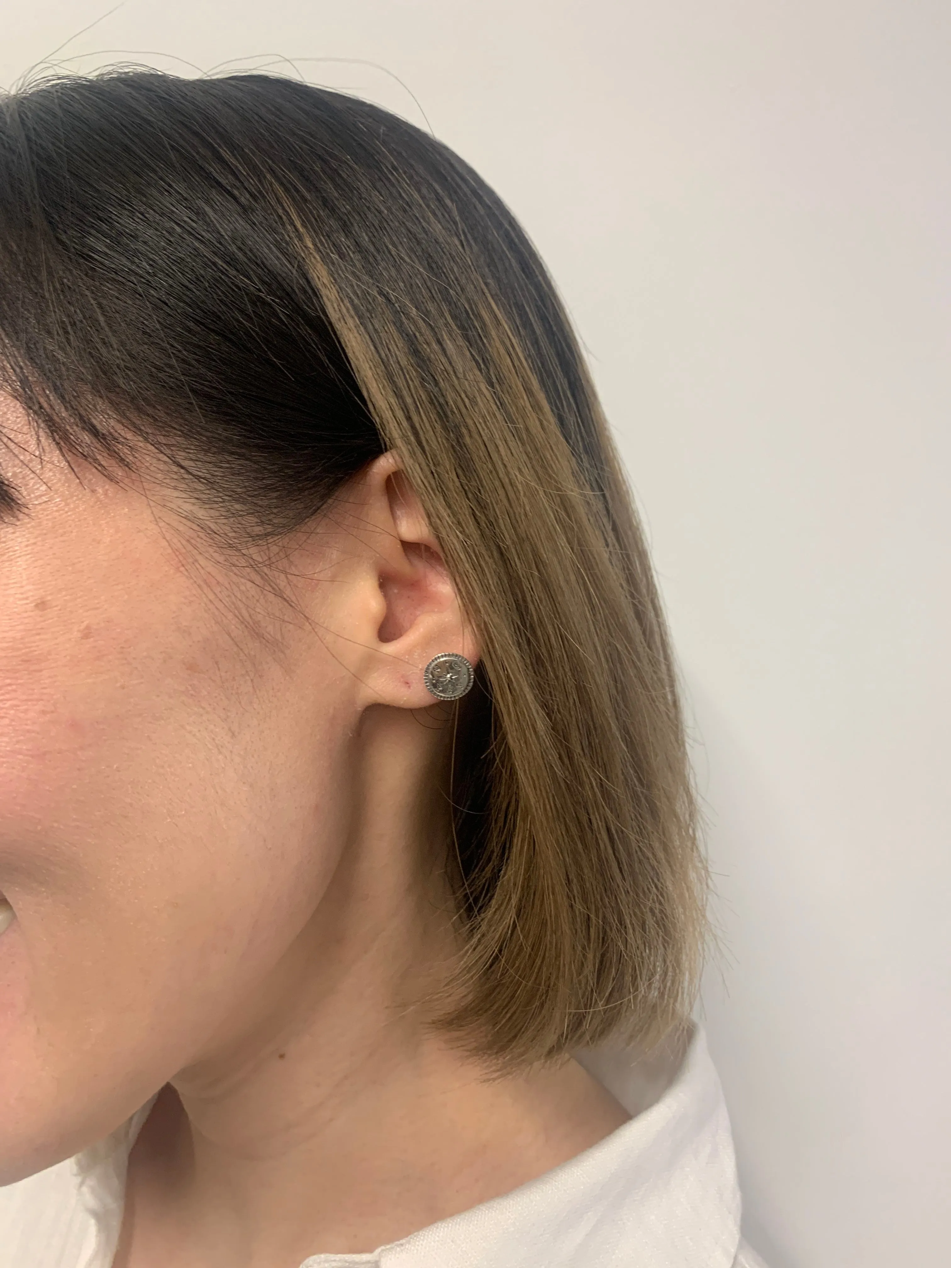 Silver Compass Earrings - NEWS Disc Studs - Round Everyday Earrings
