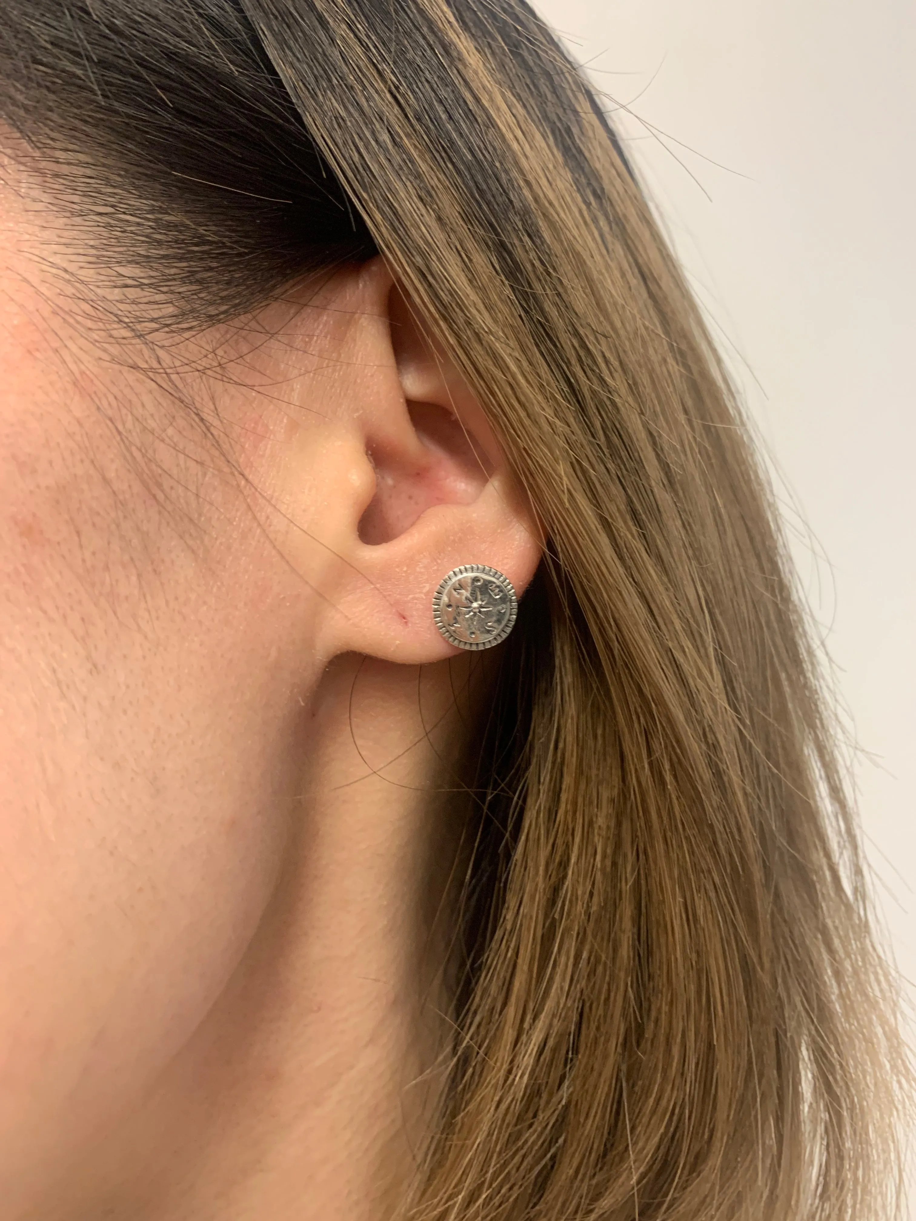 Silver Compass Earrings - NEWS Disc Studs - Round Everyday Earrings
