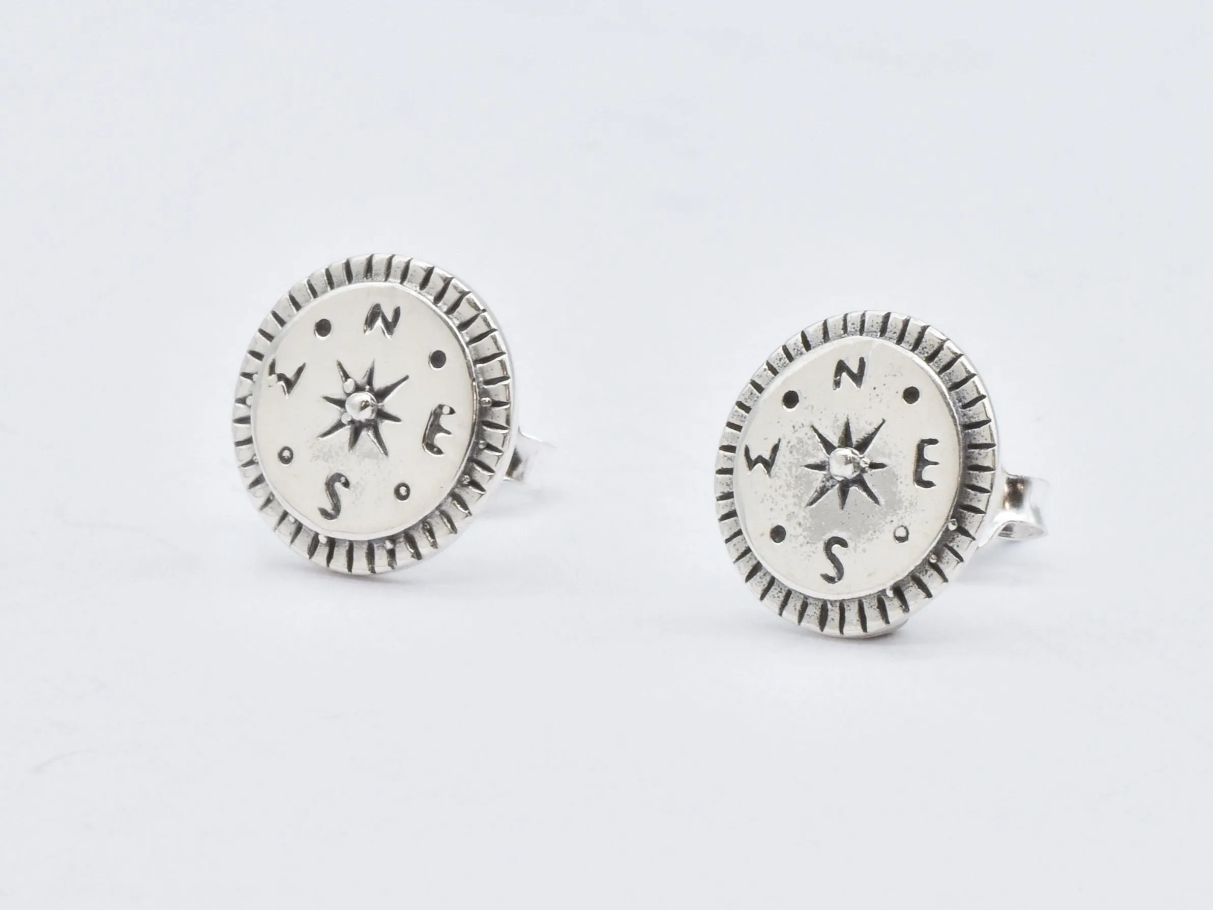 Silver Compass Earrings - NEWS Disc Studs - Round Everyday Earrings