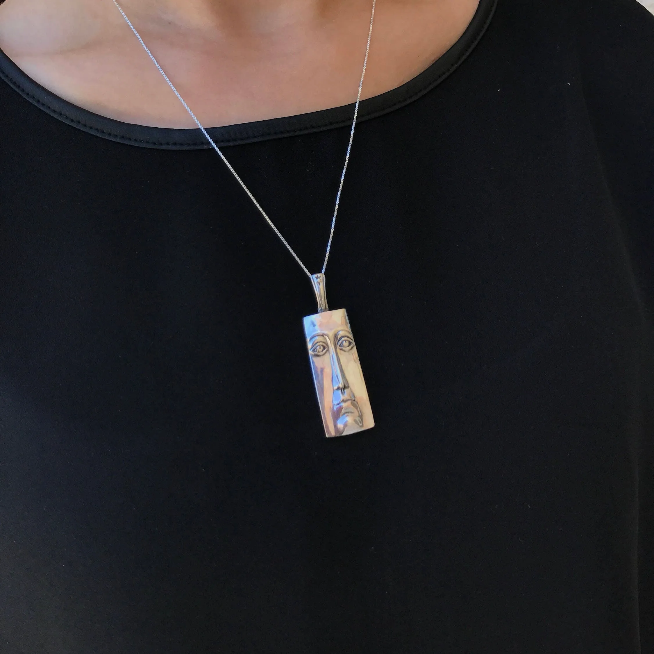 Silver Face Pendant - Long Vintage Necklace - Rectangle Face Necklace