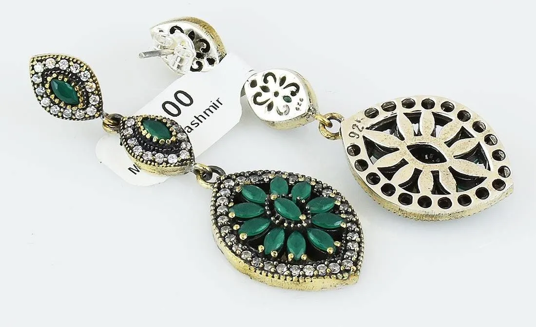 Silver Green Emerald 925 Sterling Earrings Ottoman Art Deco Vintage Marquise