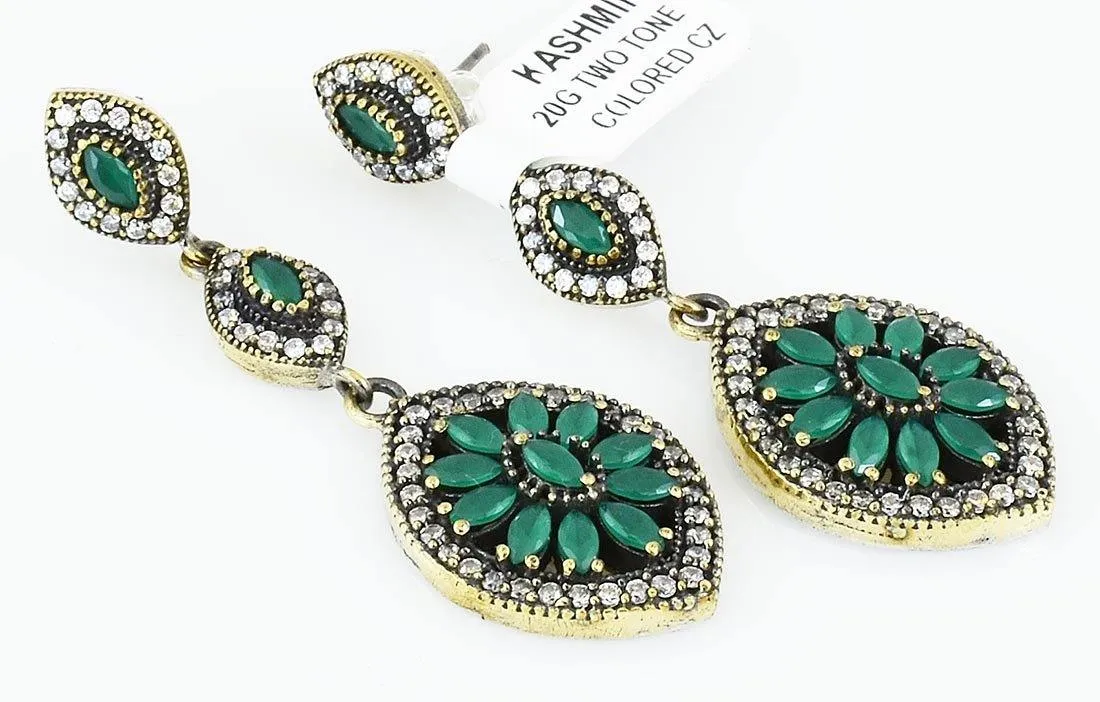 Silver Green Emerald 925 Sterling Earrings Ottoman Art Deco Vintage Marquise