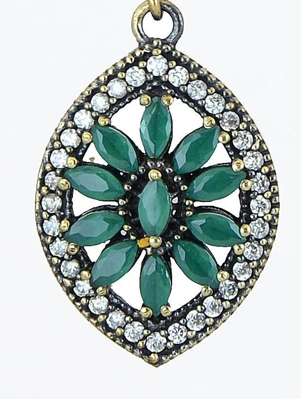 Silver Green Emerald 925 Sterling Earrings Ottoman Art Deco Vintage Marquise