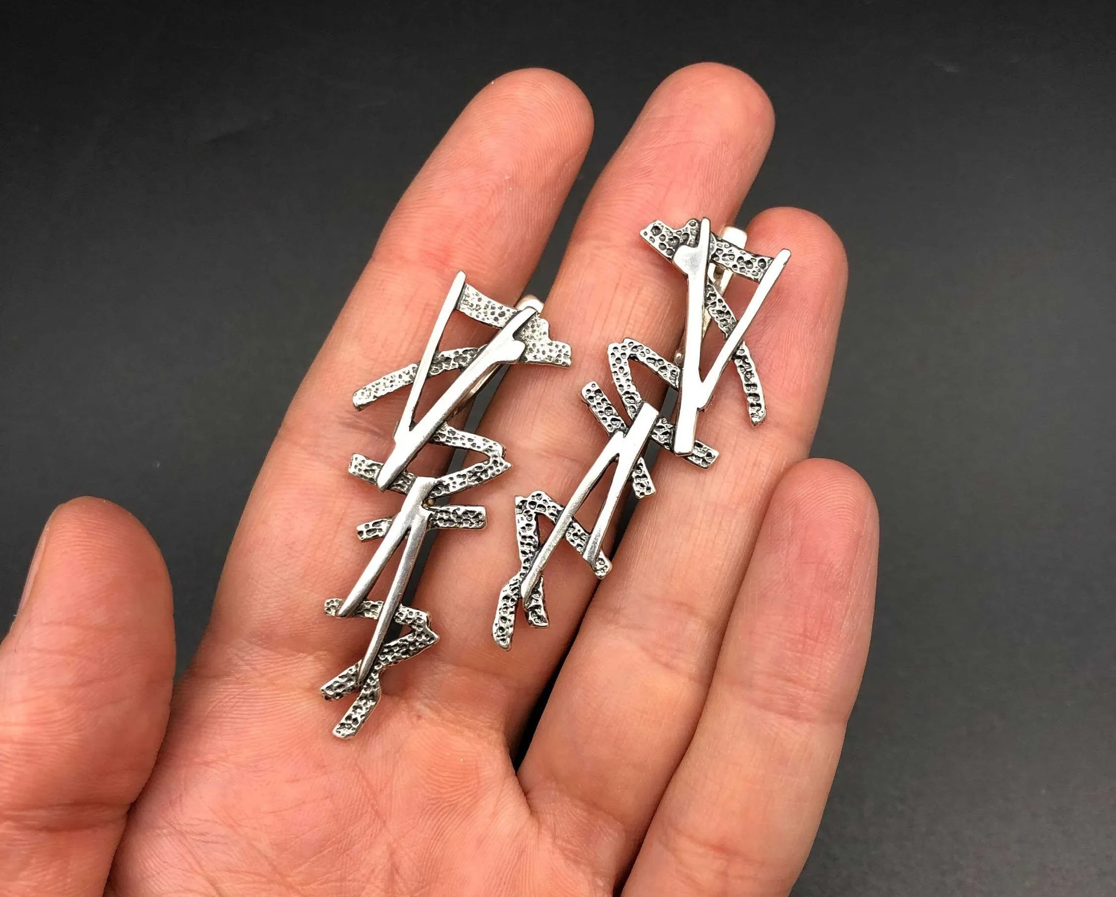 Silver Long Statement Earrings - Heavy Silver Earrings - Artistic Silver Earrings