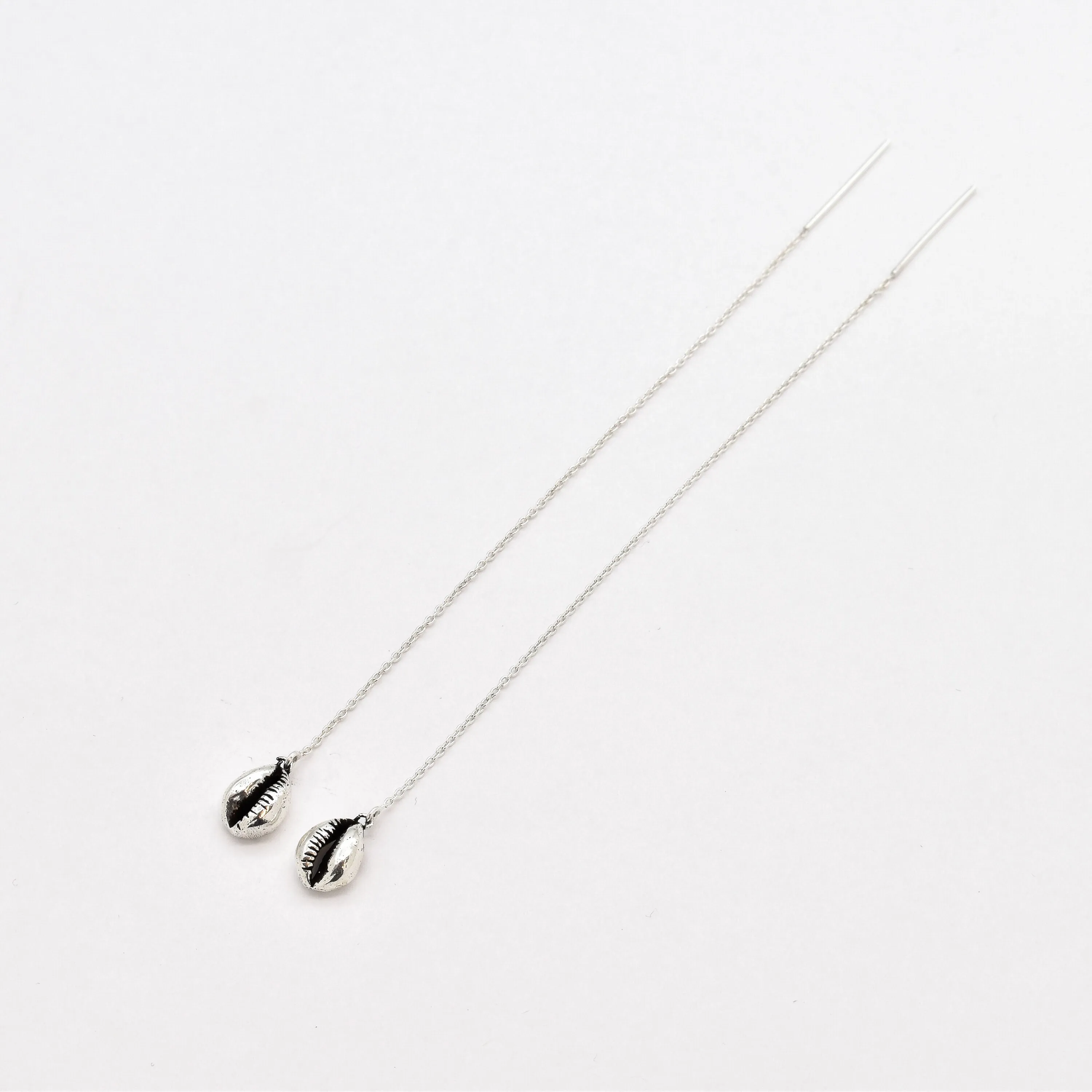 Silver Shell Earrings - Long Silver Earrings - Threader Silver Earrings