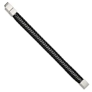 Stainless Steel And Black Leather Men's Bracelet