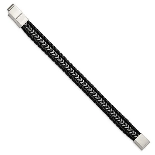 Stainless Steel And Black Leather Men's Bracelet