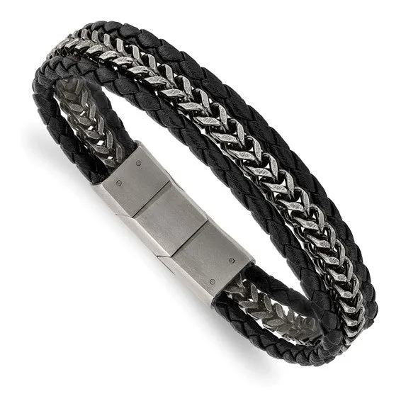Stainless Steel And Black Leather Men's Bracelet