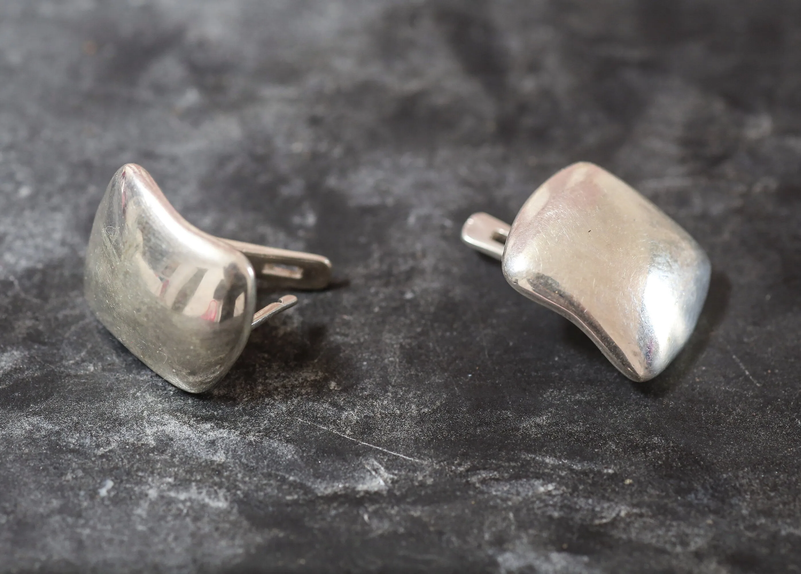 Statement Silver Earrings - Modern Rectangle Studs- Curved Plate Earrings