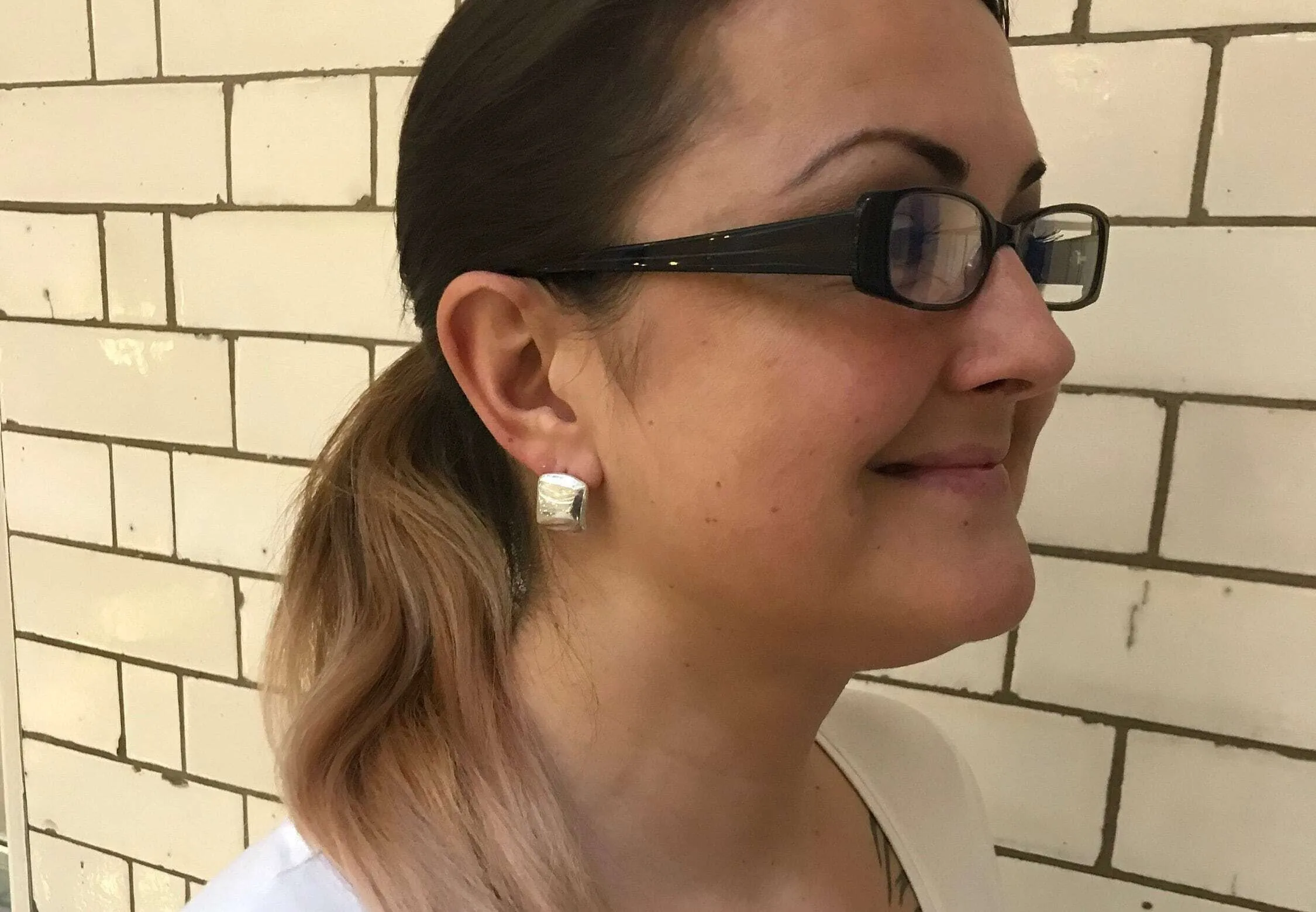 Statement Silver Earrings - Modern Rectangle Studs- Curved Plate Earrings