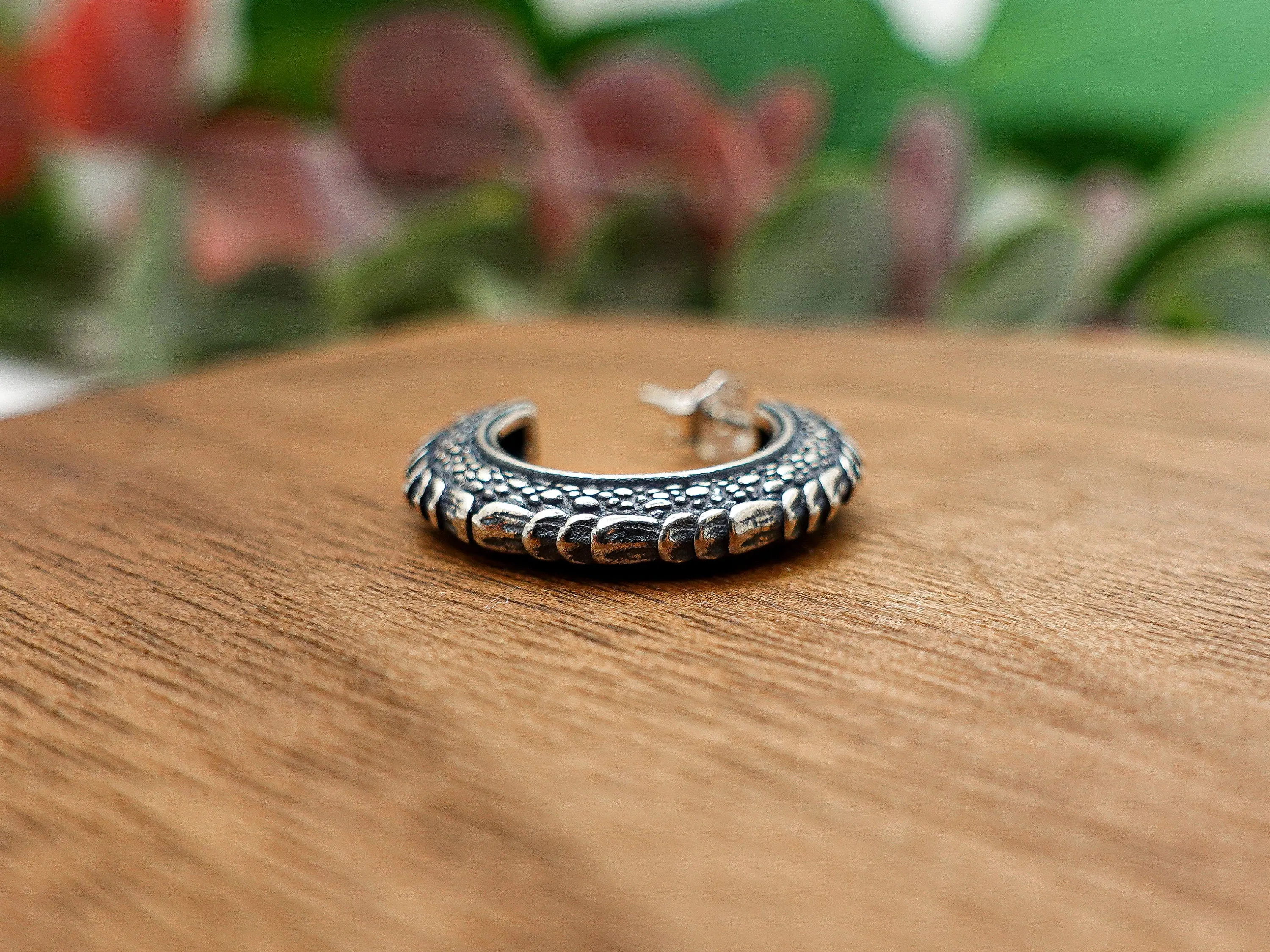 Sterling Silver Mens Hoop Earrings, Cool Black Dragon Scales Gothic Earrings for Men, Unisex Jewelry Gift For Him Her Boyfriend Dad Brothers