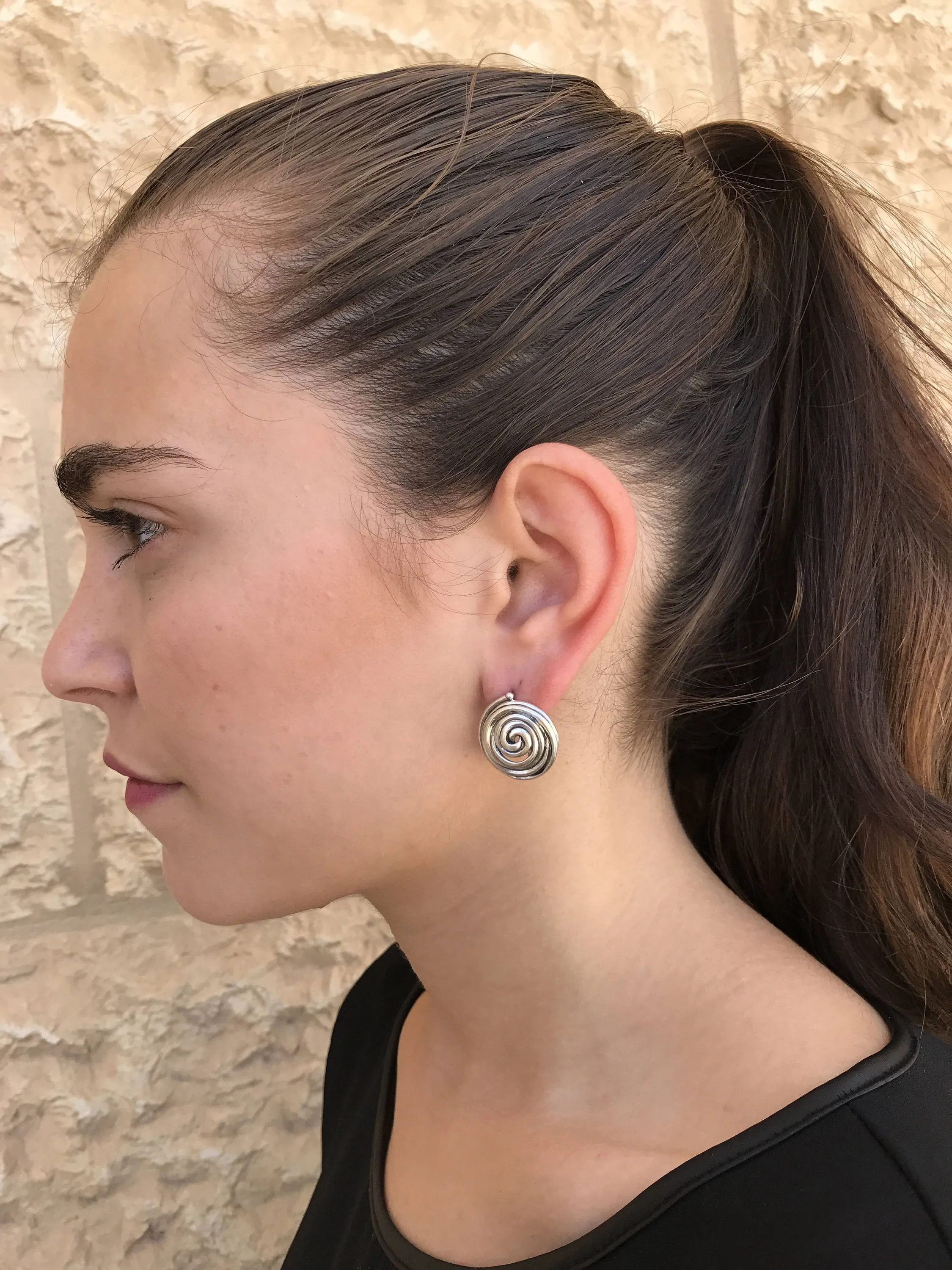 Swirl Silver Earrings - Round Artistic Studs - Spiral Statement Earrings