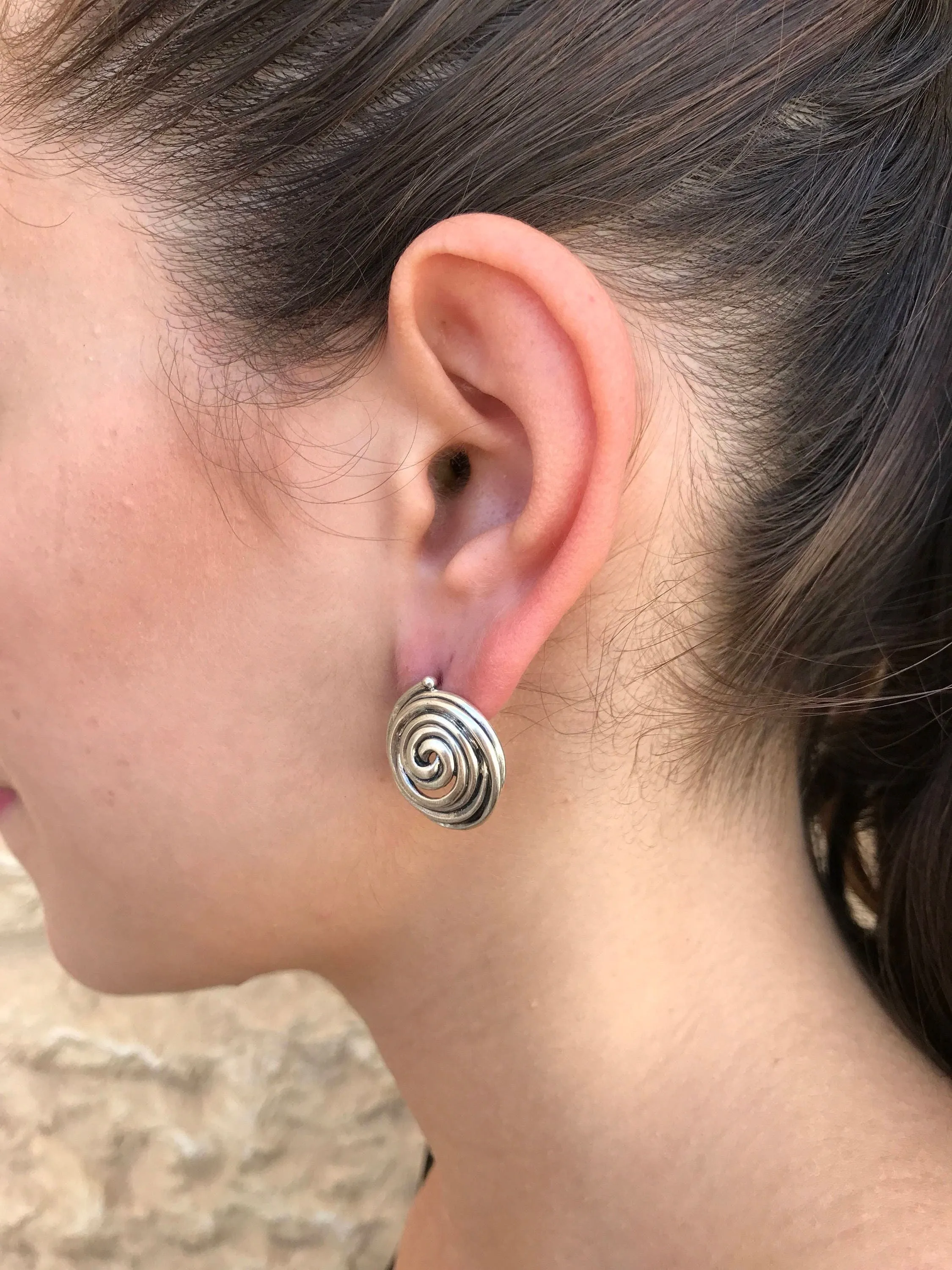Swirl Silver Earrings - Round Artistic Studs - Spiral Statement Earrings
