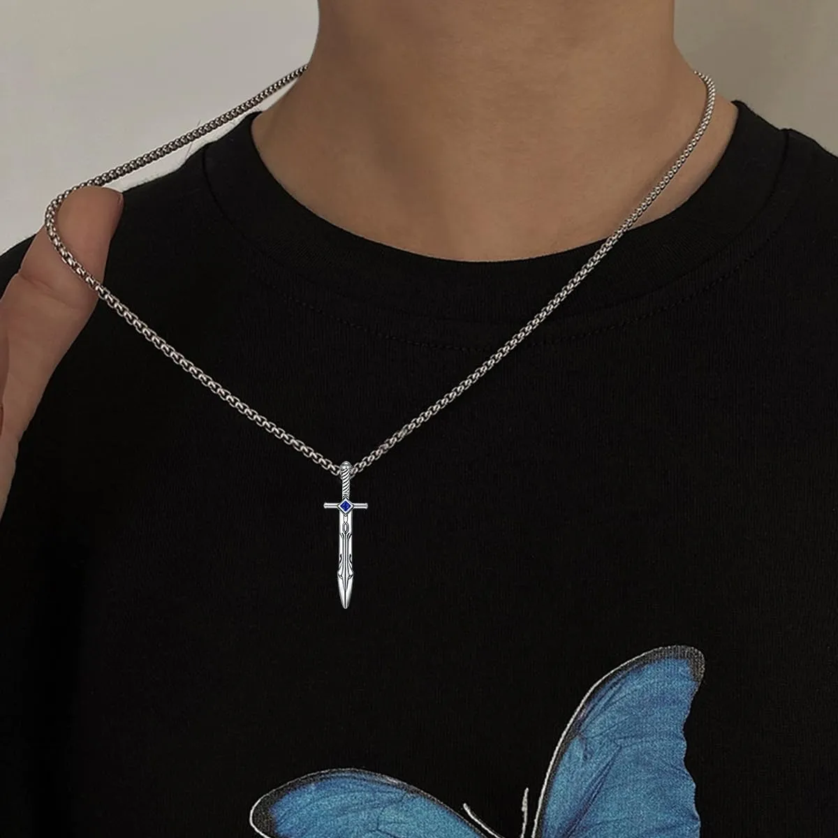 Sword Necklace 925 Sterling Silver Sword Dagger Pendant for Men