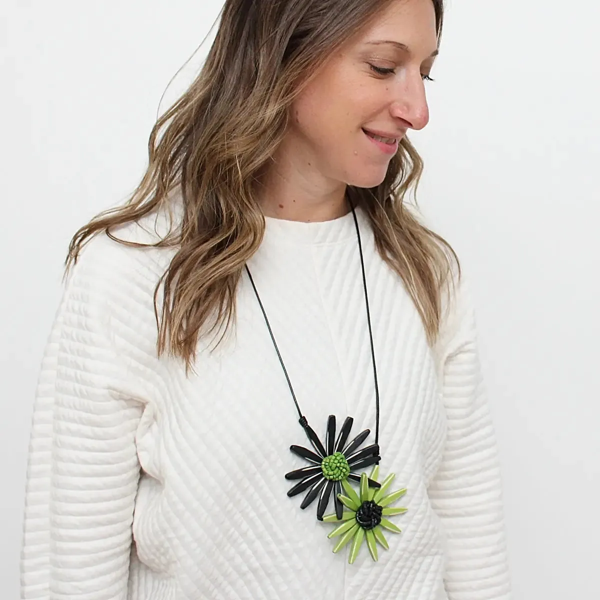 SYLCA Black & Green Amaya Double Flower Statement Charm Necklace