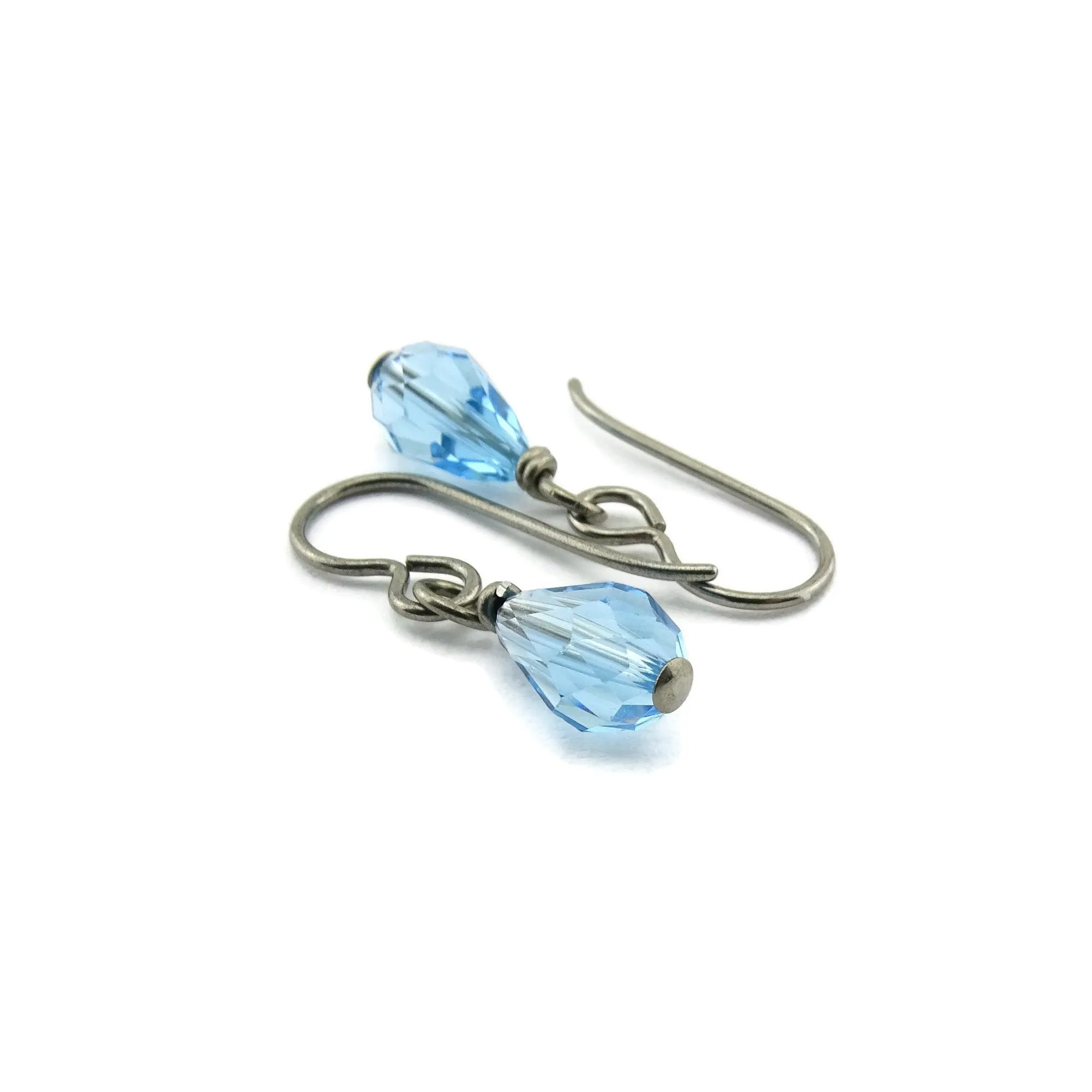 Titanium Earrings with Aquamarine Drop Crystals