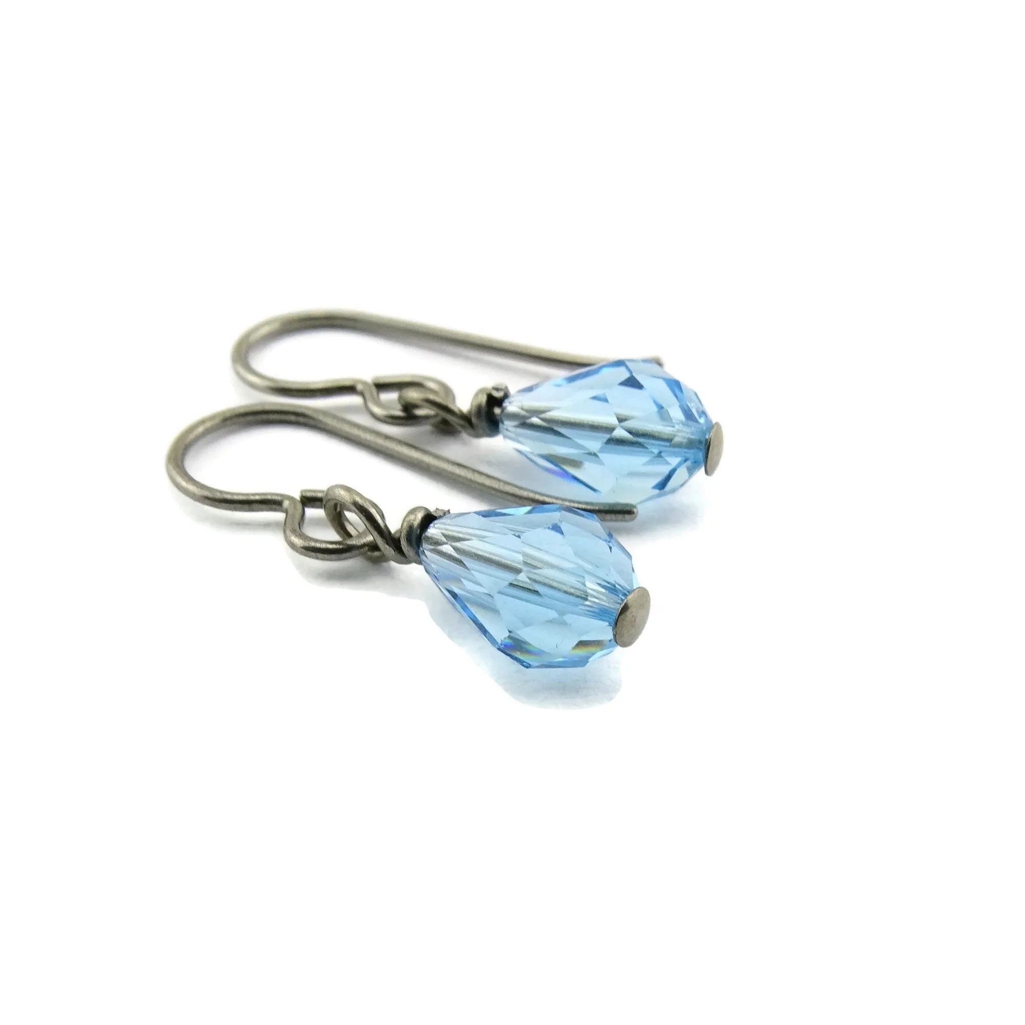 Titanium Earrings with Aquamarine Drop Crystals