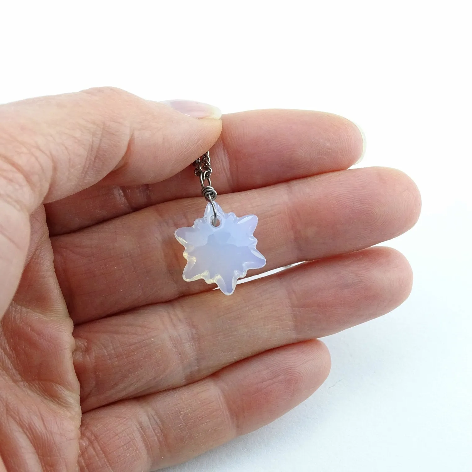 Titanium Necklace with White Opal Crystal Edelweiss Pendant