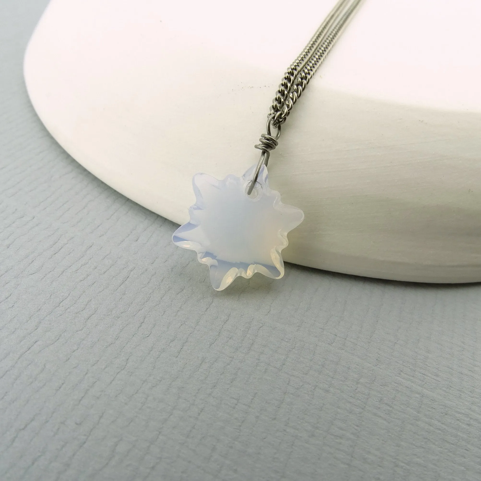 Titanium Necklace with White Opal Crystal Edelweiss Pendant