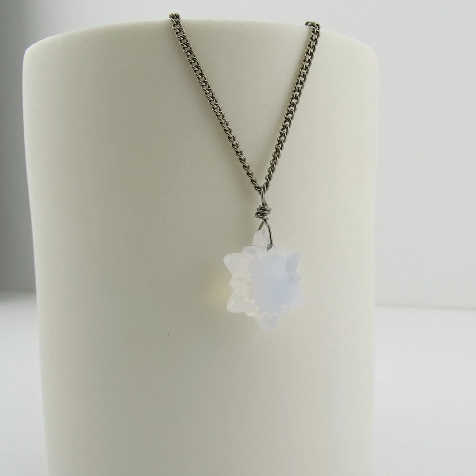 Titanium Necklace with White Opal Crystal Edelweiss Pendant