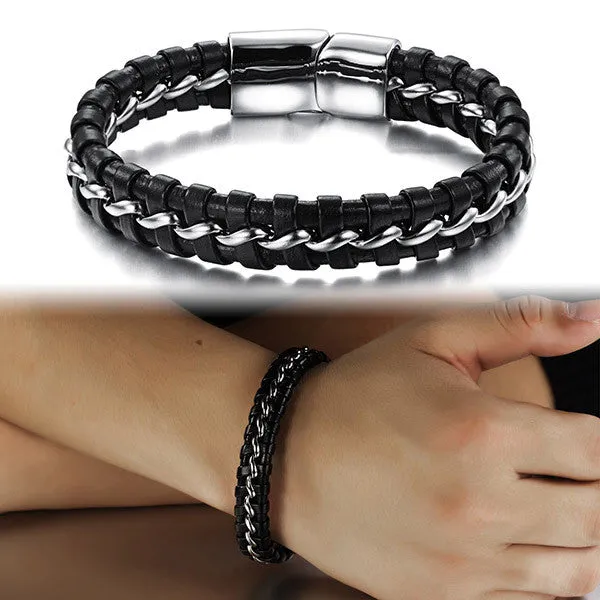 Top Quality Genuine Leather Stainless steel Men Bracelet Wrap Wristband For Men Bracelet Men Jewelry