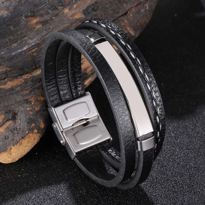 Trendy Leather Bracelet Men Stainless Steel Handmade Bangles