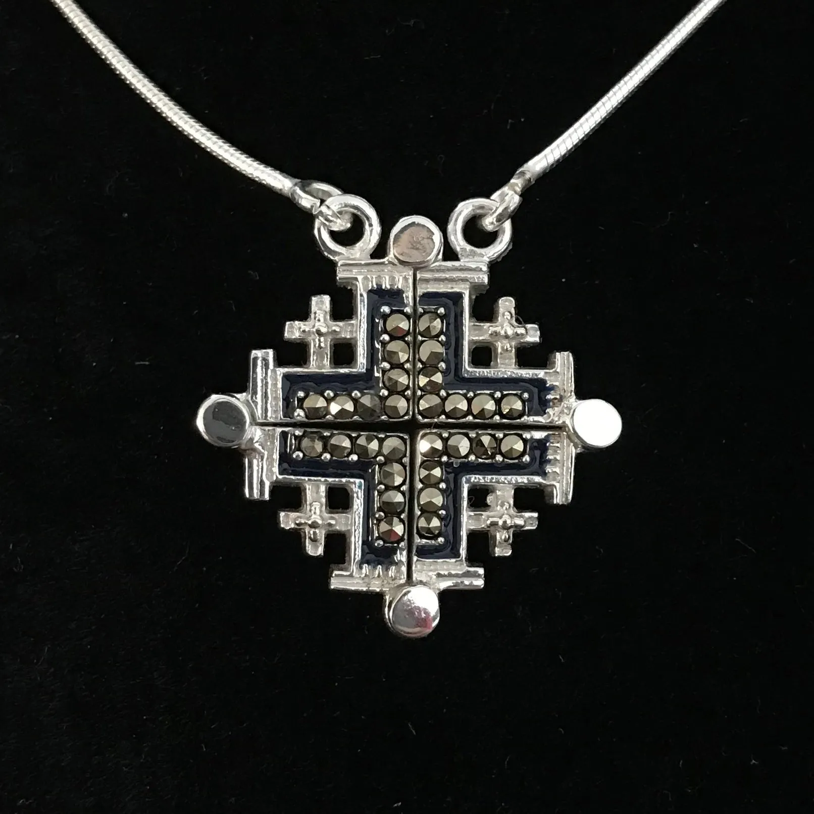 Two-Way Dark Blue Magnetic Jerusalem Cross Necklace with Gemstones